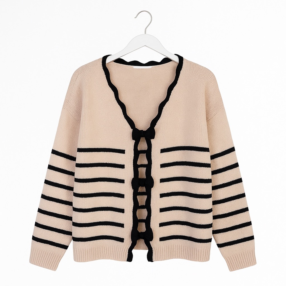 Davi & Dani Reversible Bow Stripe Cardigan Beige Black - Size L